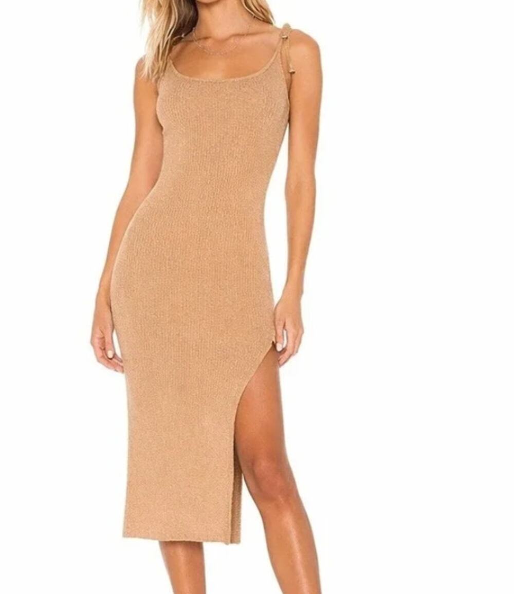 NWT LPA Salmah Ribbed Knit Midi Dress Camel Tie Shoulder Side Slit Wool Blend XL